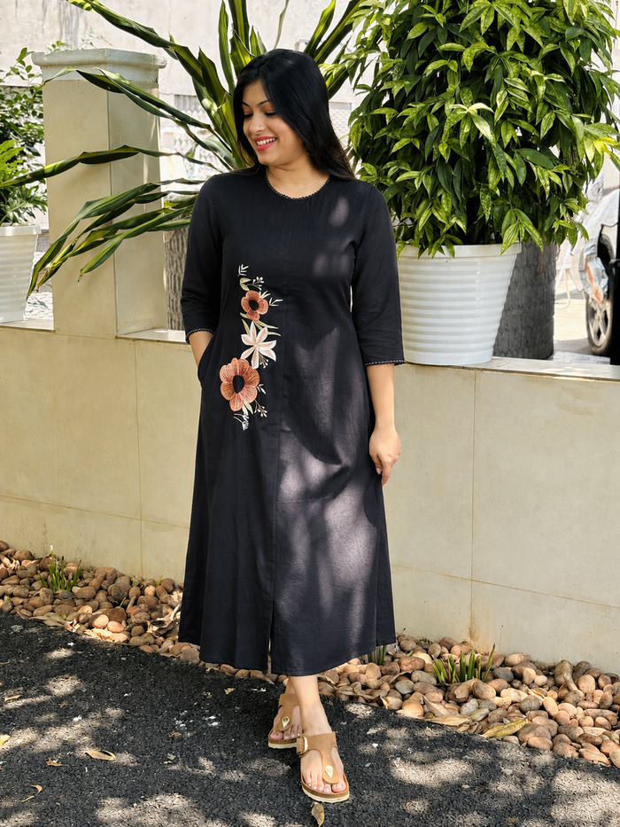 Black shaded flex cotton Aline kurti/dress with embroidered floral motifs MBS-1189 - Three fourth sleeves