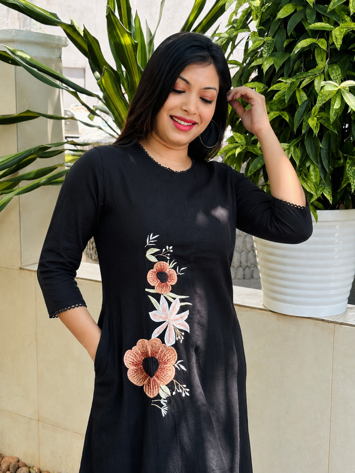 Black shaded flex cotton Aline kurti/dress with embroidered floral motifs MBS-1189 - Three fourth sleeves