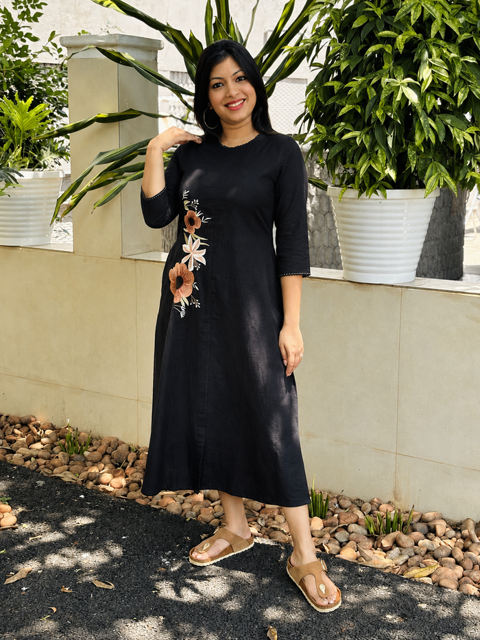 Black shaded flex cotton Aline kurti/dress with embroidered floral motifs MBS-1189 - Three fourth sleeves
