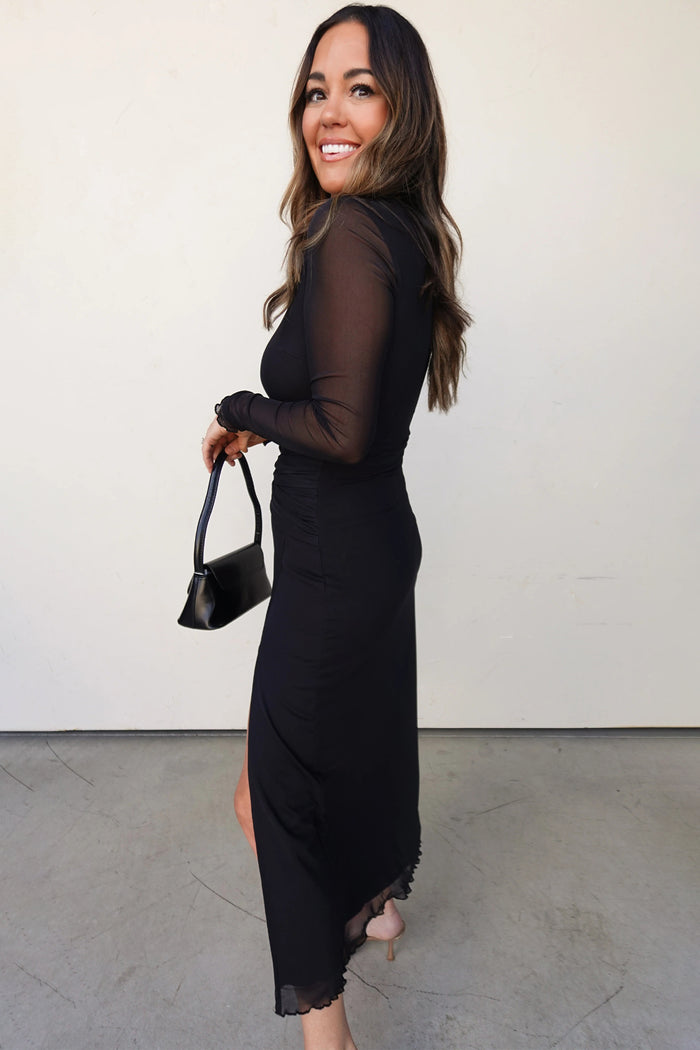 Black Sheer Mesh Long Sleeve Twisted Knot Side Slit Midi Dress Shewin
