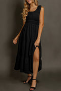 Black Shirred Pleated Square Neck Sleeveless Midi Dress Shewin