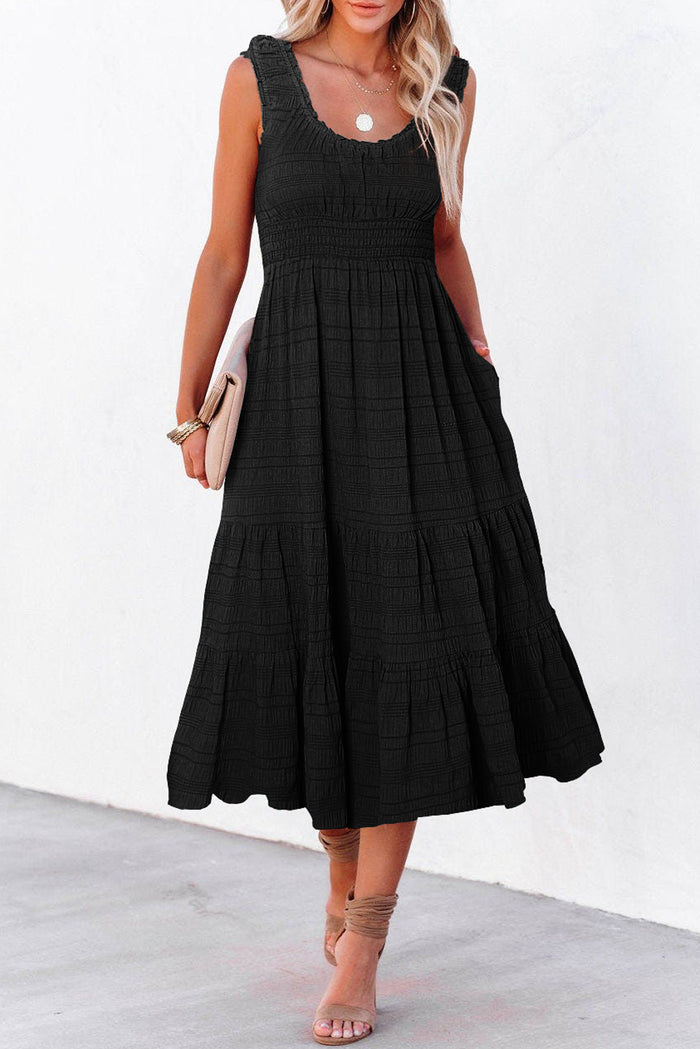 Black Shirred Pleated Square Neck Sleeveless Midi Dress Shewin