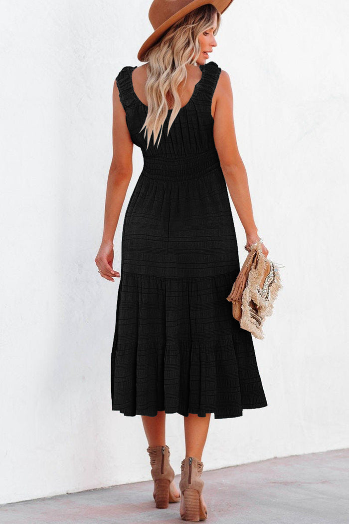 Black Shirred Pleated Square Neck Sleeveless Midi Dress Shewin