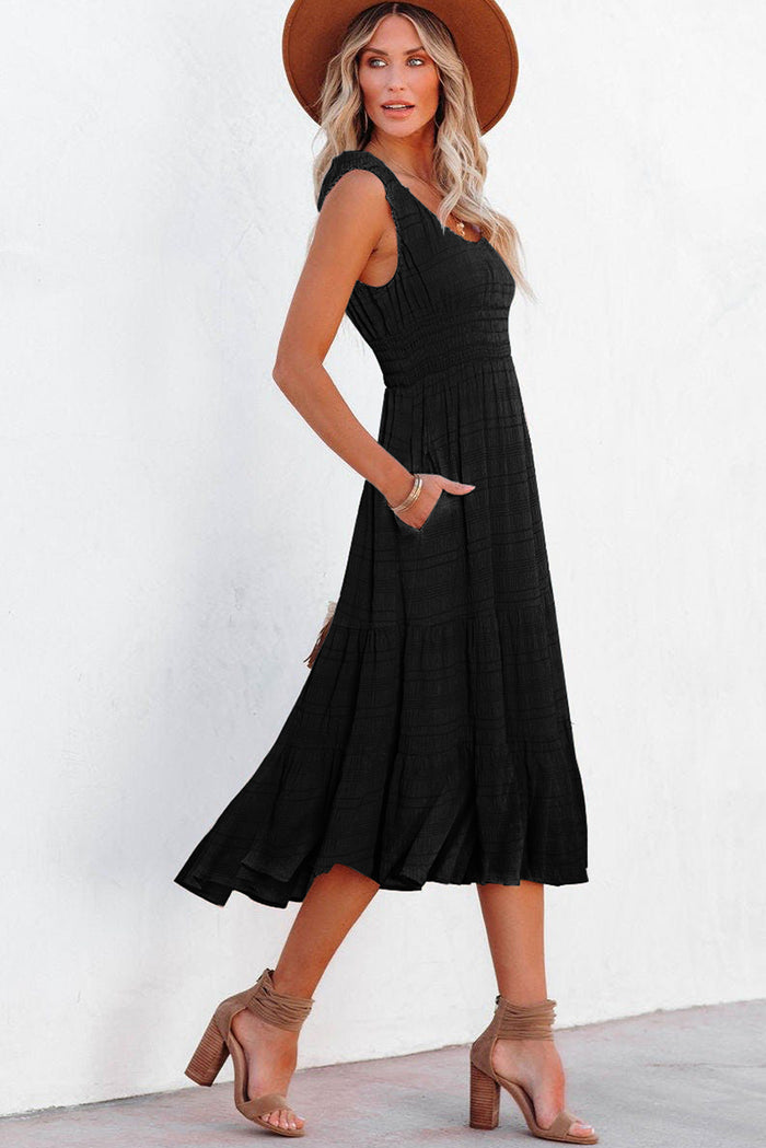 Black Shirred Pleated Square Neck Sleeveless Midi Dress Shewin