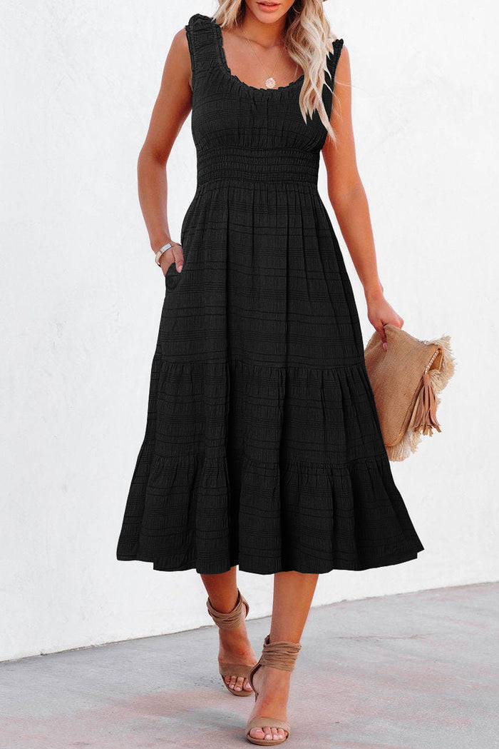 Black Shirred Pleated Square Neck Sleeveless Midi Dress Shewin