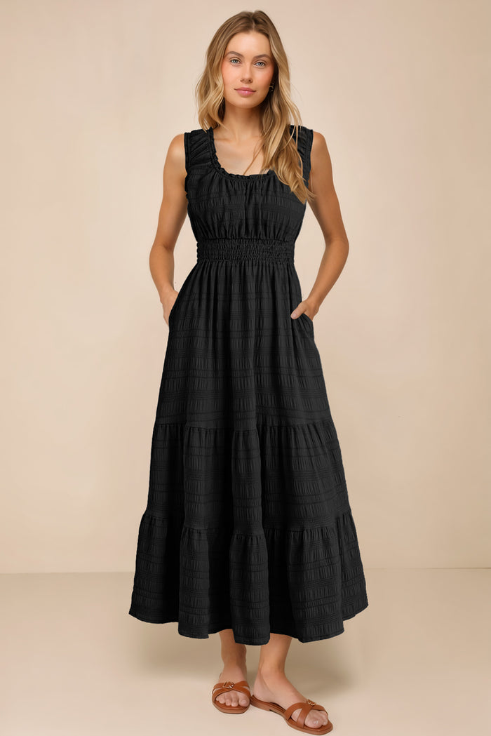 Black Shirred Pleated Square Neck Sleeveless Midi Dress Shewin