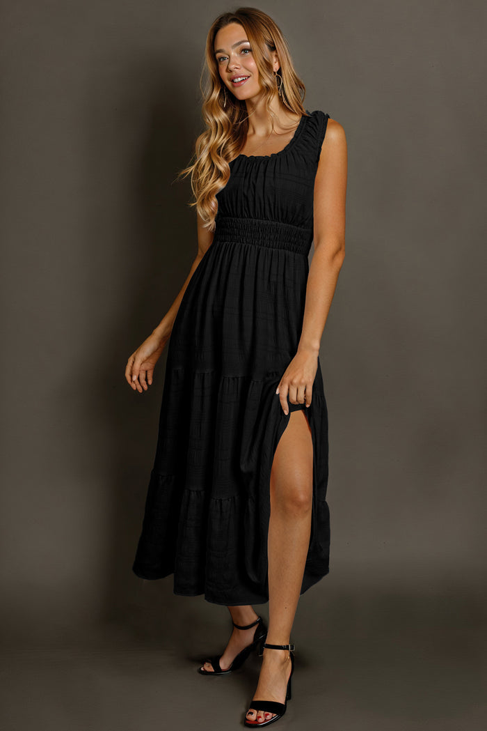 Black Shirred Pleated Square Neck Sleeveless Midi Dress Shewin