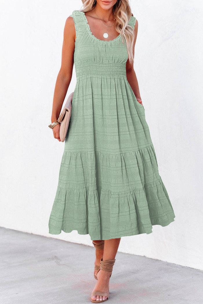 Black Shirred Pleated Square Neck Sleeveless Midi Dress Shewin