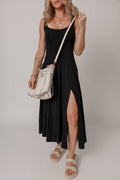 Black Sleeveless Scoop Neck Flared Split Midi Dress Shewin