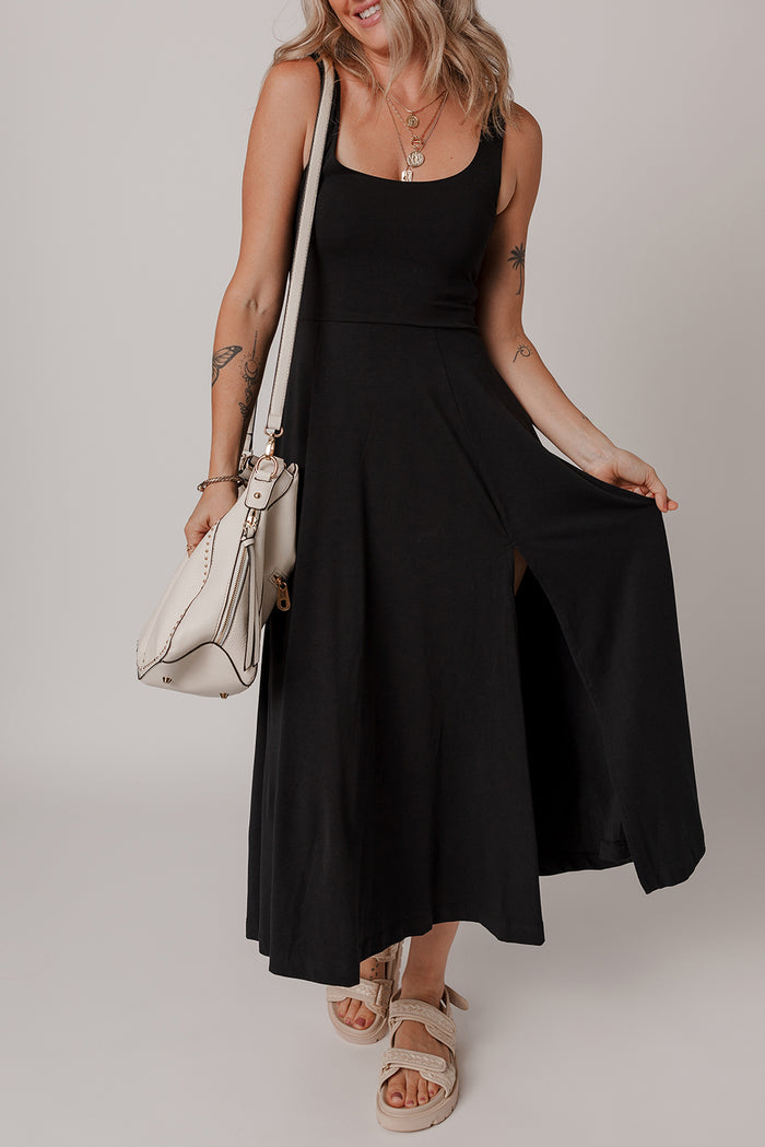 Black Sleeveless Scoop Neck Flared Split Midi Dress Shewin