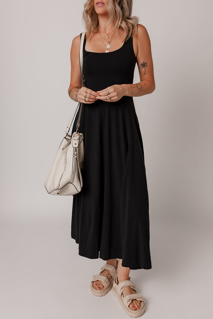 Black Sleeveless Scoop Neck Flared Split Midi Dress Shewin