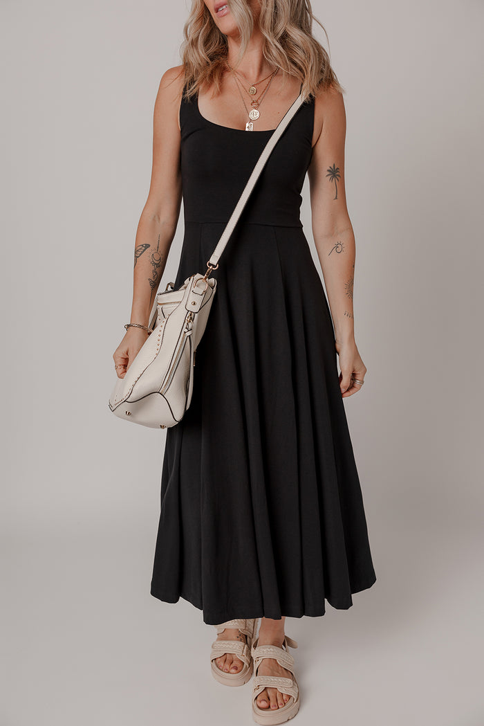 Black Sleeveless Scoop Neck Flared Split Midi Dress Shewin