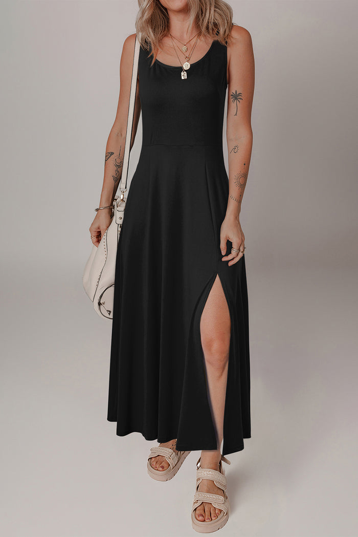 Black Sleeveless Scoop Neck Flared Split Midi Dress Shewin