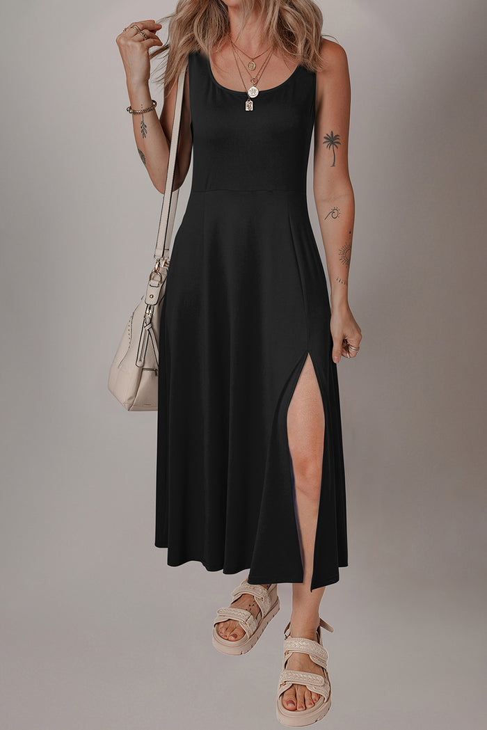 Black Sleeveless Scoop Neck Flared Split Midi Dress Shewin