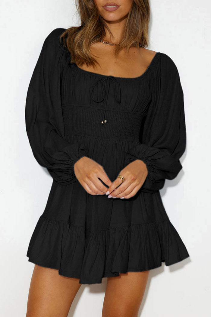 Black Solid Color Long Sleeve Shirred Drawstring Ruffle Mini Dress Shewin