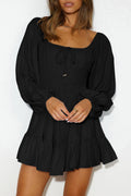 Black Solid Color Long Sleeve Shirred Drawstring Ruffle Mini Dress Shewin
