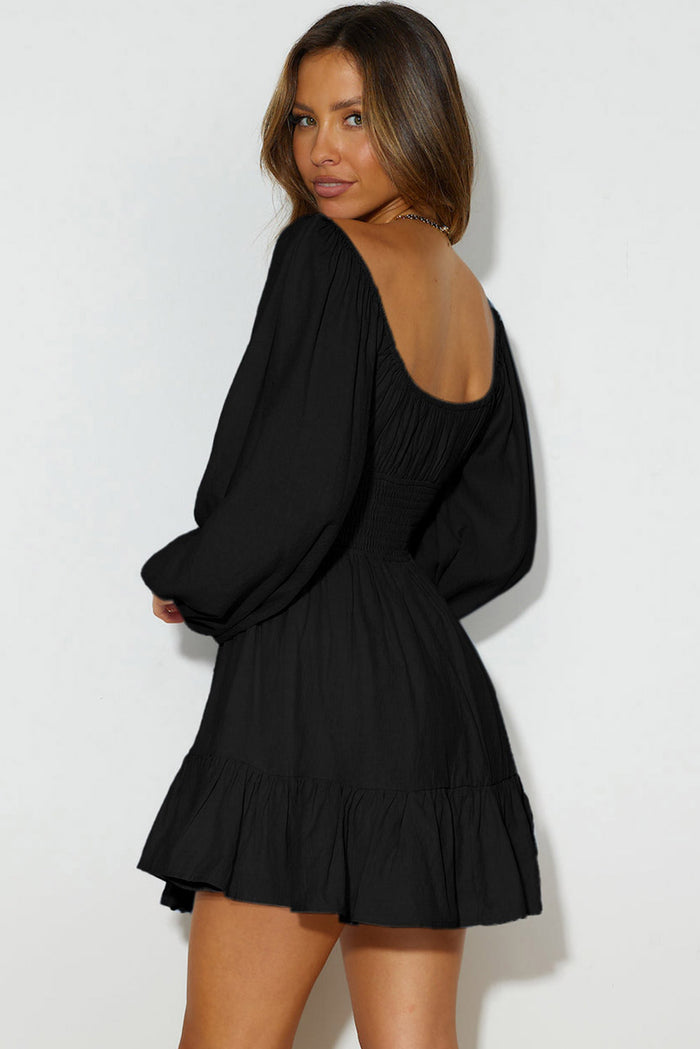 Black Solid Color Long Sleeve Shirred Drawstring Ruffle Mini Dress Shewin