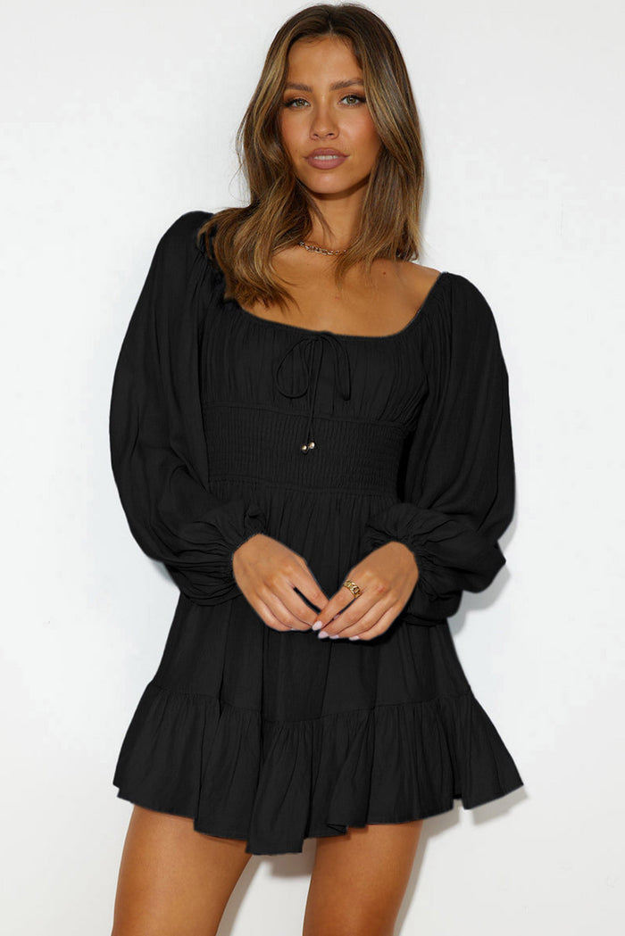 Black Solid Color Long Sleeve Shirred Drawstring Ruffle Mini Dress Shewin