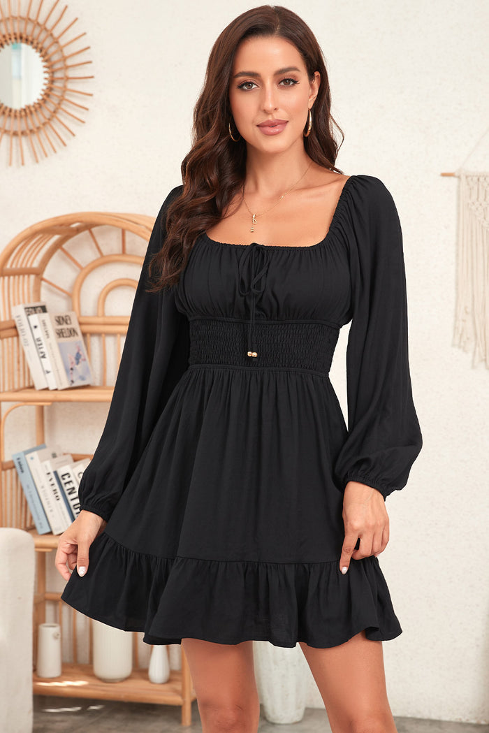 Black Solid Color Long Sleeve Shirred Drawstring Ruffle Mini Dress Shewin