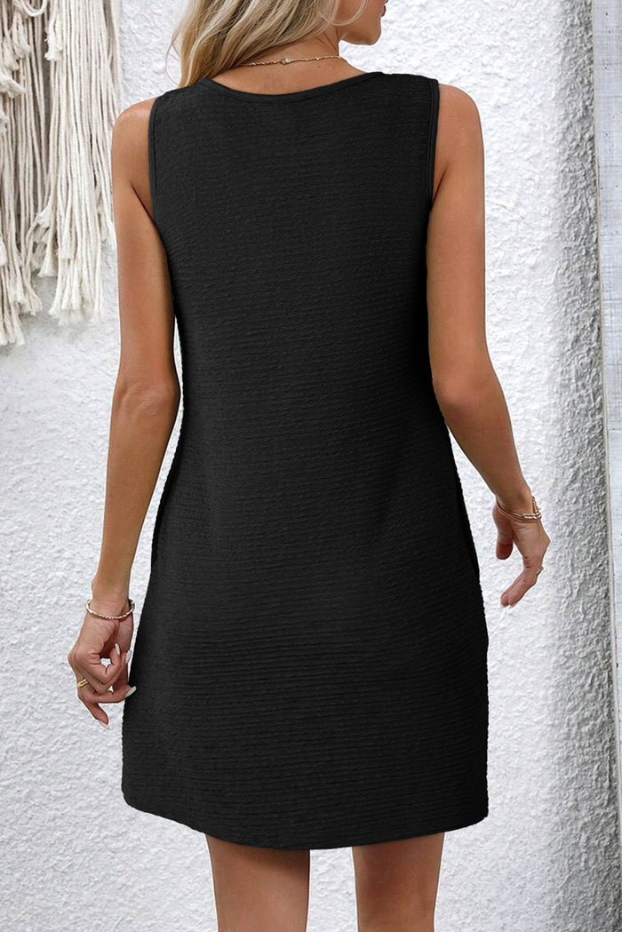 Black Solid Color Textured Lace Hollowed Detail Sleeveless Mini Dress Shewin
