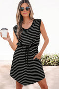 Black Stripe Drawstring Tunic Tank Mini Dress with Pockets Shewin