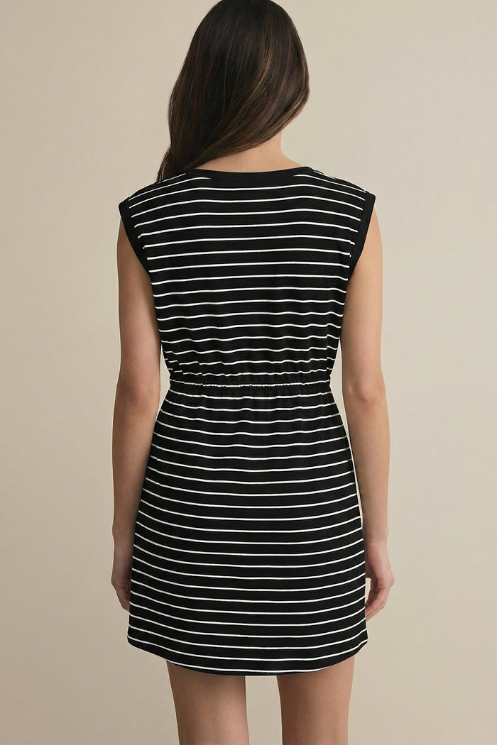 Black Stripe Drawstring Tunic Tank Mini Dress with Pockets Shewin