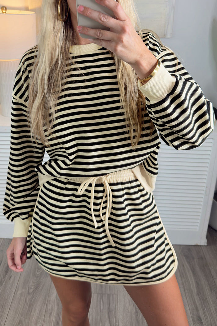 Black Stripe Textured Drop Shoulder Pullover Top Drawstring Mini Skort Two Piece Dress Set Shewin
