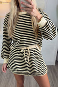 Black Stripe Textured Drop Shoulder Pullover Top Drawstring Mini Skort Two Piece Dress Set Shewin