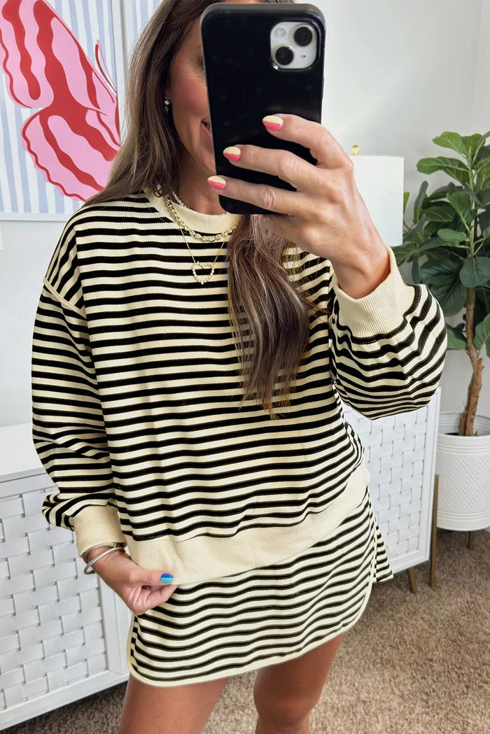 Black Stripe Textured Drop Shoulder Pullover Top Drawstring Mini Skort Two Piece Dress Set Shewin