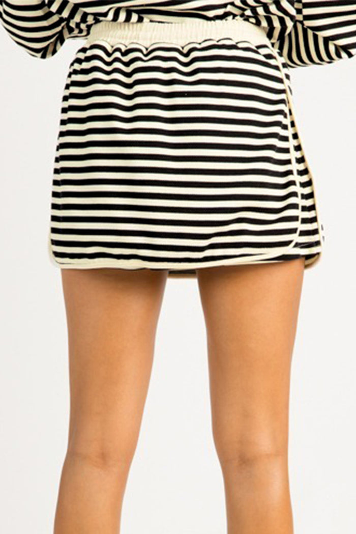 Black Stripe Textured Drop Shoulder Pullover Top Drawstring Mini Skort Two Piece Dress Set Shewin
