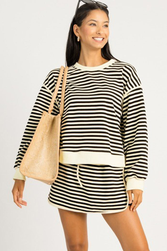Black Stripe Textured Drop Shoulder Pullover Top Drawstring Mini Skort Two Piece Dress Set Shewin