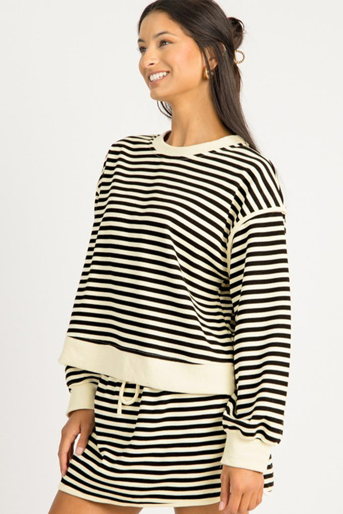 Black Stripe Textured Drop Shoulder Pullover Top Drawstring Mini Skort Two Piece Dress Set Shewin