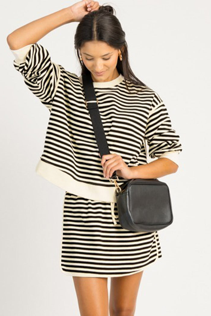 Black Stripe Textured Drop Shoulder Pullover Top Drawstring Mini Skort Two Piece Dress Set Shewin
