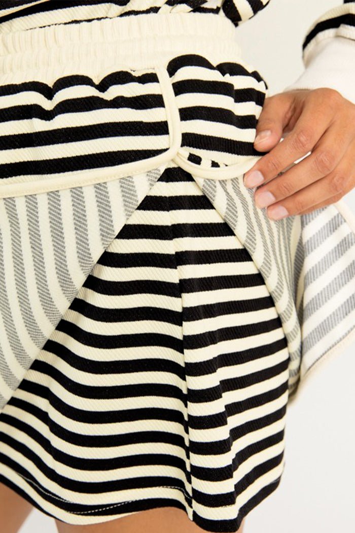 Black Stripe Textured Drop Shoulder Pullover Top Drawstring Mini Skort Two Piece Dress Set Shewin