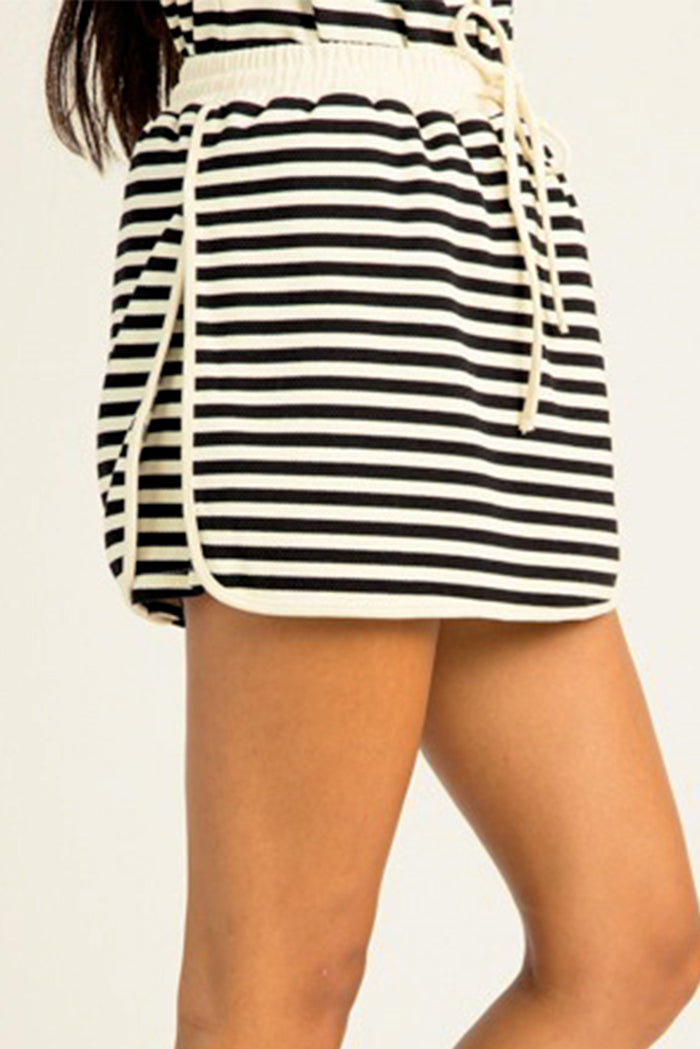 Black Stripe Textured Drop Shoulder Pullover Top Drawstring Mini Skort Two Piece Dress Set Shewin