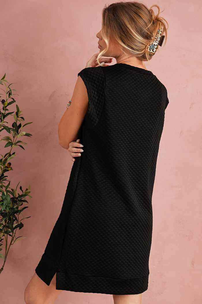 Black Textured Cap Sleeve T Shirt Shift Mini Dress Shewin