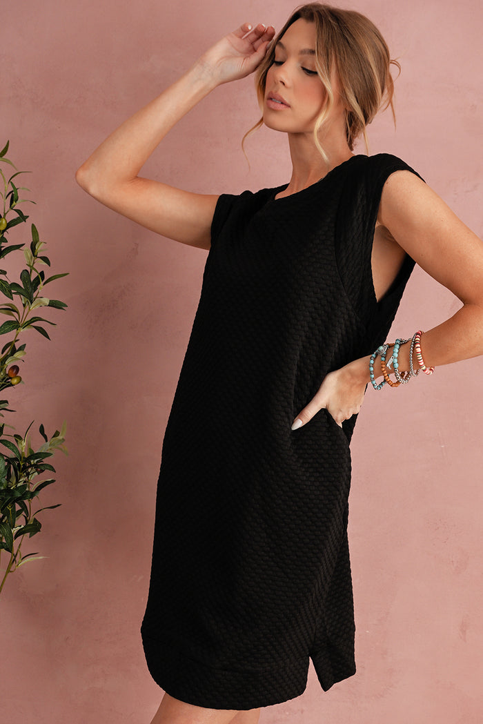 Black Textured Cap Sleeve T Shirt Shift Mini Dress Shewin
