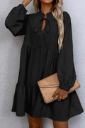 Black Tie Split Neck Smocked Detail Puff Sleeve Ruffle Hem Loose Dress Shewin