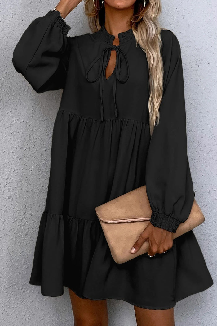 Black Tie Split Neck Smocked Detail Puff Sleeve Ruffle Hem Loose Dress Shewin