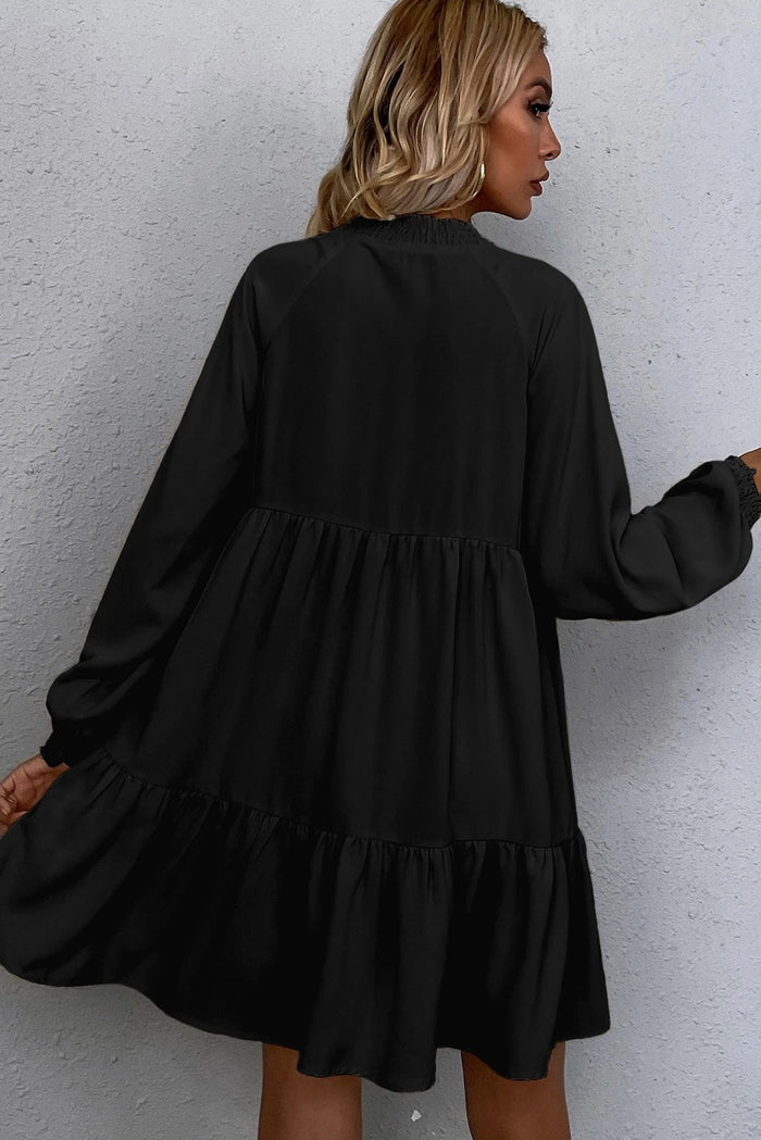 Black Tie Split Neck Smocked Detail Puff Sleeve Ruffle Hem Loose Dress Shewin