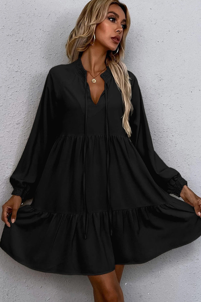 Black Tie Split Neck Smocked Detail Puff Sleeve Ruffle Hem Loose Dress Shewin