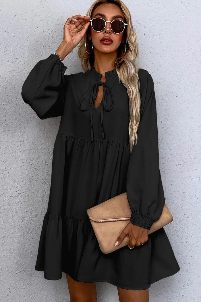 Black Tie Split Neck Smocked Detail Puff Sleeve Ruffle Hem Loose Dress Shewin