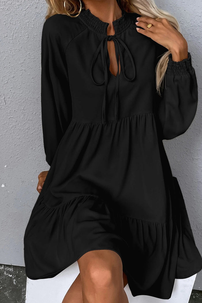 Black Tie Split Neck Smocked Detail Puff Sleeve Ruffle Hem Loose Dress Shewin