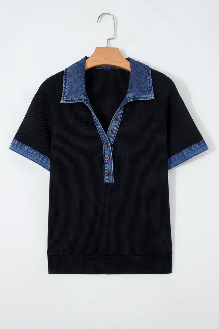 Black Waffle Knit Denim Contrast Trim Patchwork Button Polo Collar Top Shewin