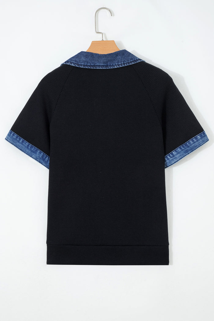 Black Waffle Knit Denim Contrast Trim Patchwork Button Polo Collar Top Shewin