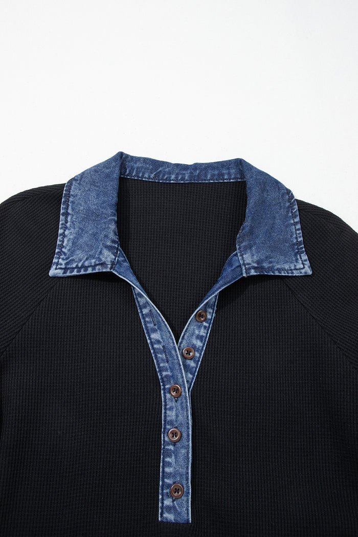 Black Waffle Knit Denim Contrast Trim Patchwork Button Polo Collar Top Shewin