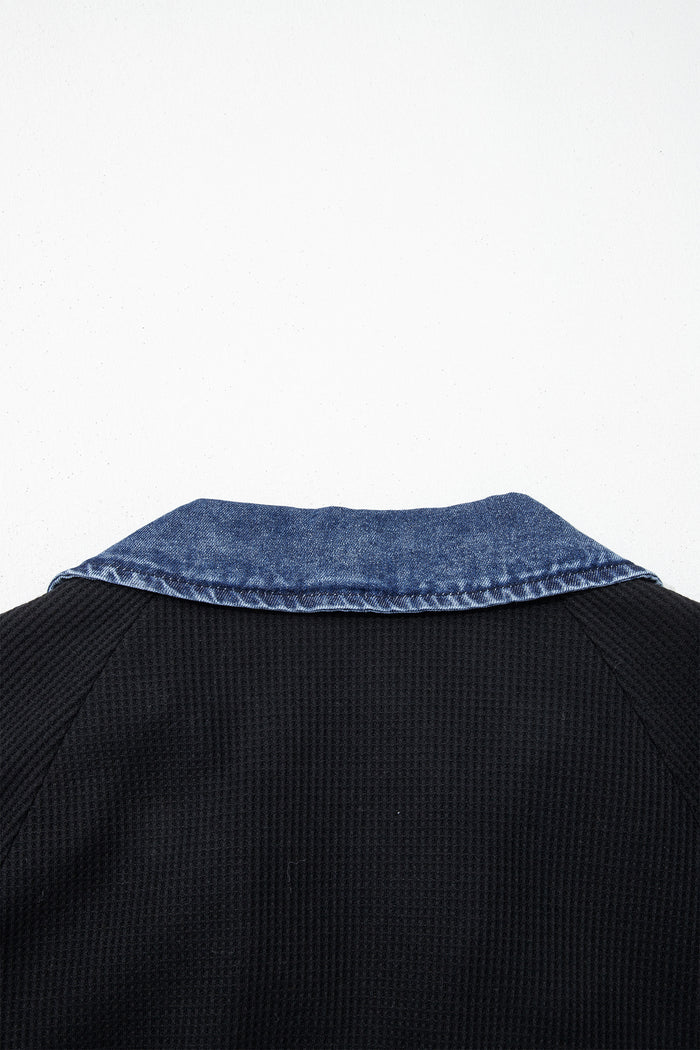 Black Waffle Knit Denim Contrast Trim Patchwork Button Polo Collar Top Shewin