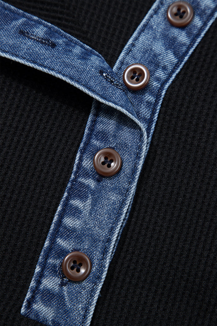 Black Waffle Knit Denim Contrast Trim Patchwork Button Polo Collar Top Shewin