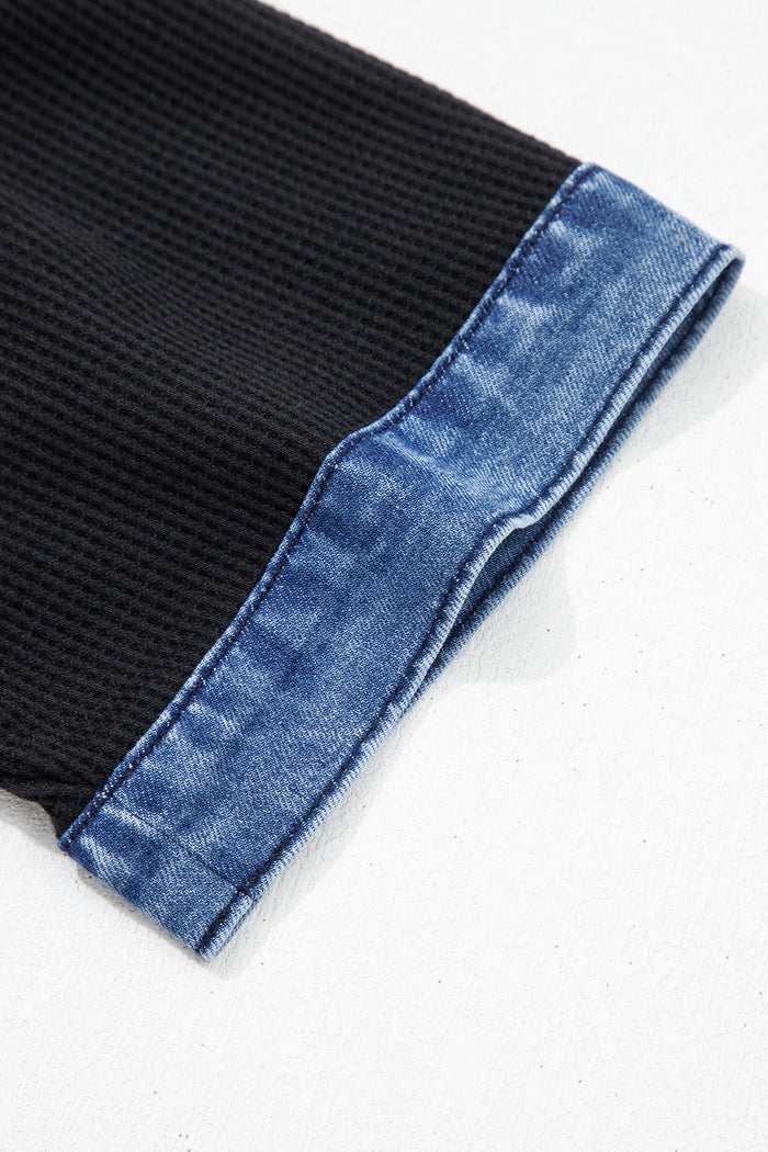 Black Waffle Knit Denim Contrast Trim Patchwork Button Polo Collar Top Shewin