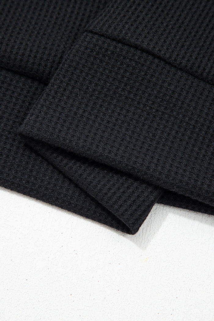 Black Waffle Knit Denim Contrast Trim Patchwork Button Polo Collar Top Shewin